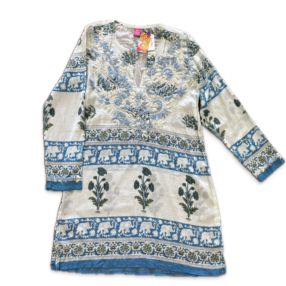 RAJ Ivory and Blue Elephant Embroidered Tunic
